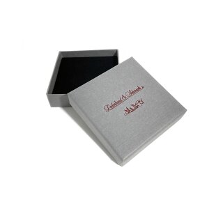Schachtel für Ohrringe und Anhänger grauer Karton Leinen Look, weinrote Schrift, ohne Einsatz